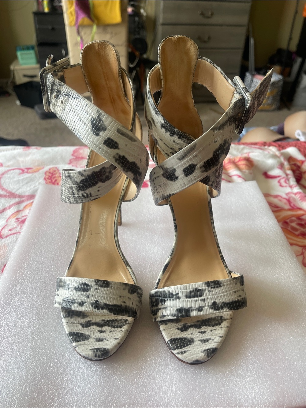 Barneys New York Black & White Animal-Print Strappy High Heels
